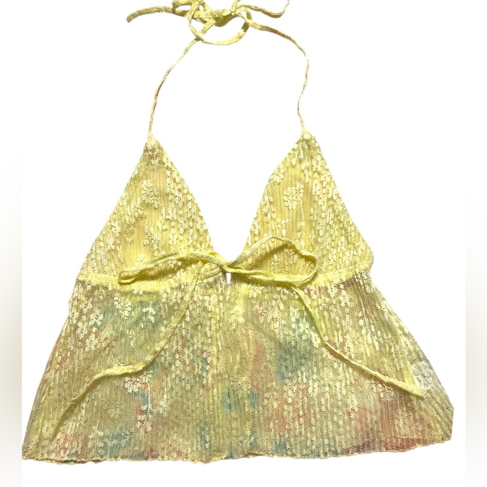 Missaries* New! Sexy Halterneck Tie-Up Front Sleeveless Backless Lace CropYellow - Picture 5 of 8